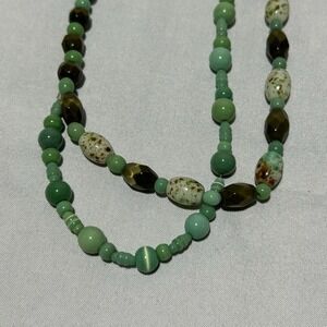 Green Beaded Necklace and‎ Earrings Set with decorative Leaf Toggle clasp